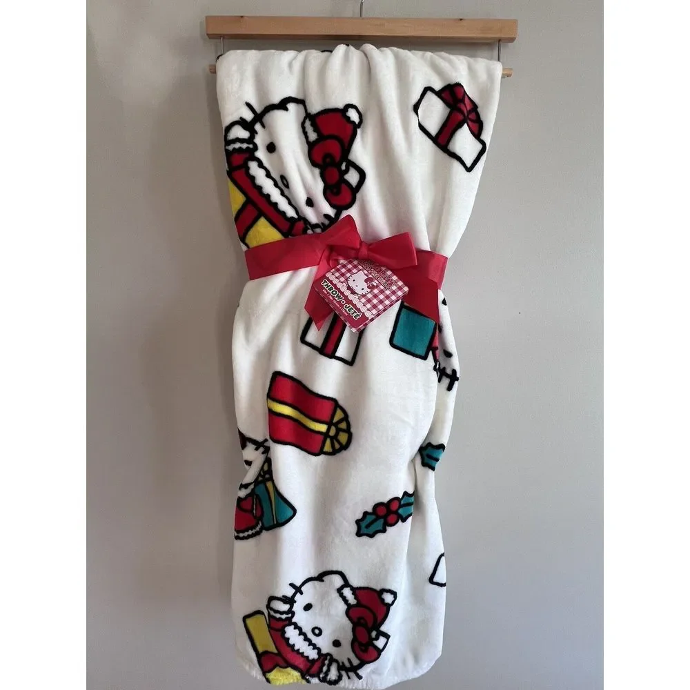 Hello Kitty Throw Blanket Christmas‎ Presents Soft Plush Red Bow 60x70 inches